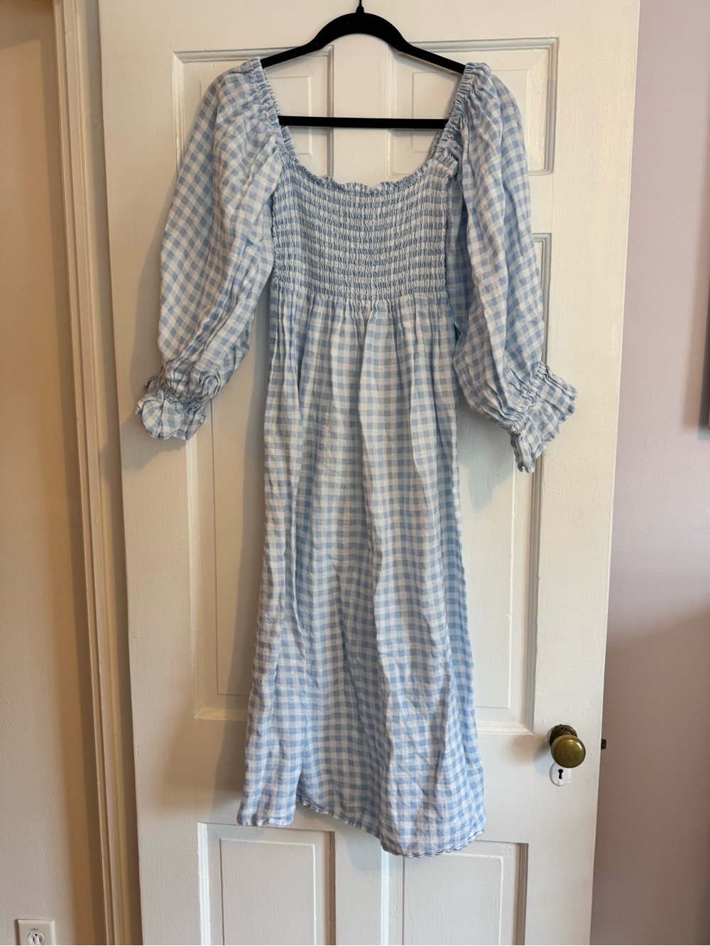 Sleeper Atlanta Light Blue Gingham Smocked Midi Dress, 100% Linen, XL